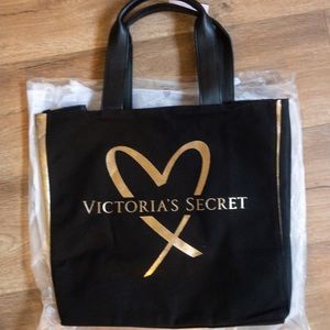 Victoria Secret Black Canvas Tote With Gold Heart